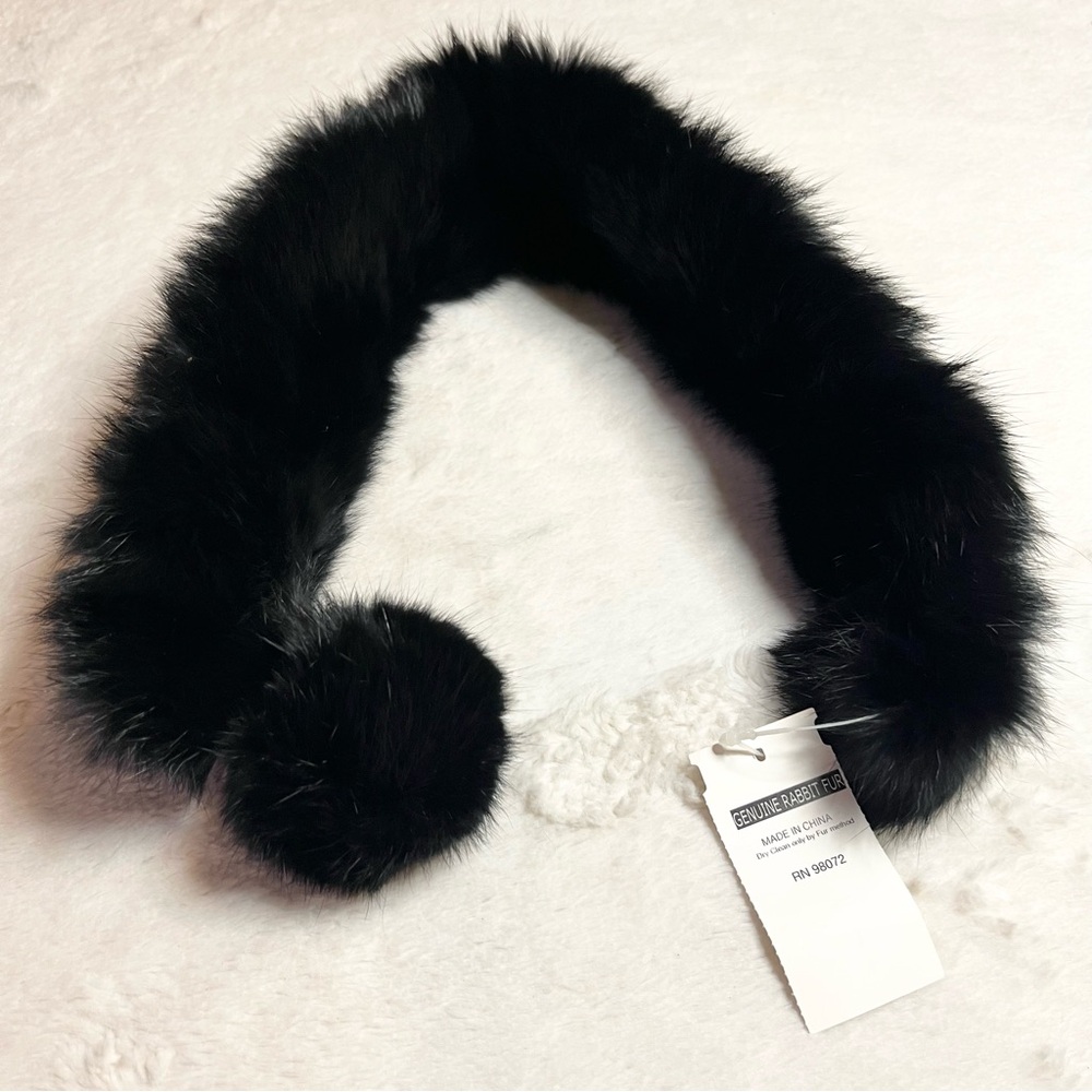 NWT Vintage Black Rabbit Fur Collar Neck Scarf with Pom